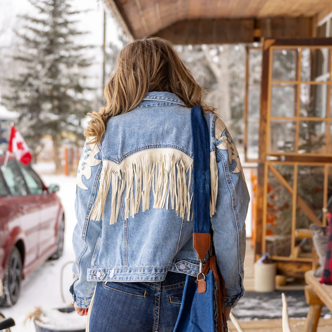 Rock&Roll Women's Light Wash Denim Ivory Pleather Fringe Jacket - Image 2