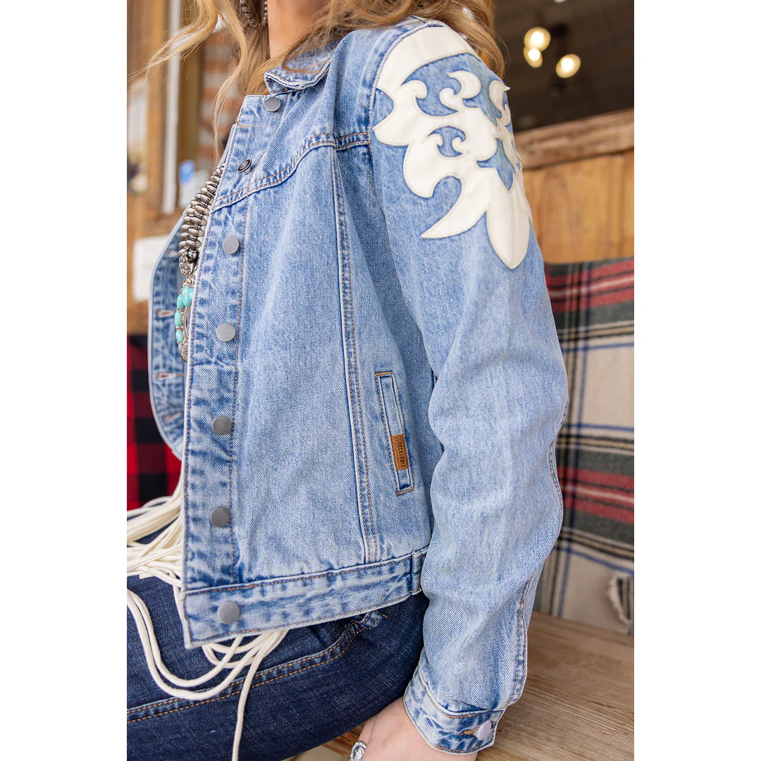 Rock&Roll Women's Light Wash Denim Ivory Pleather Fringe Jacket - Image 3