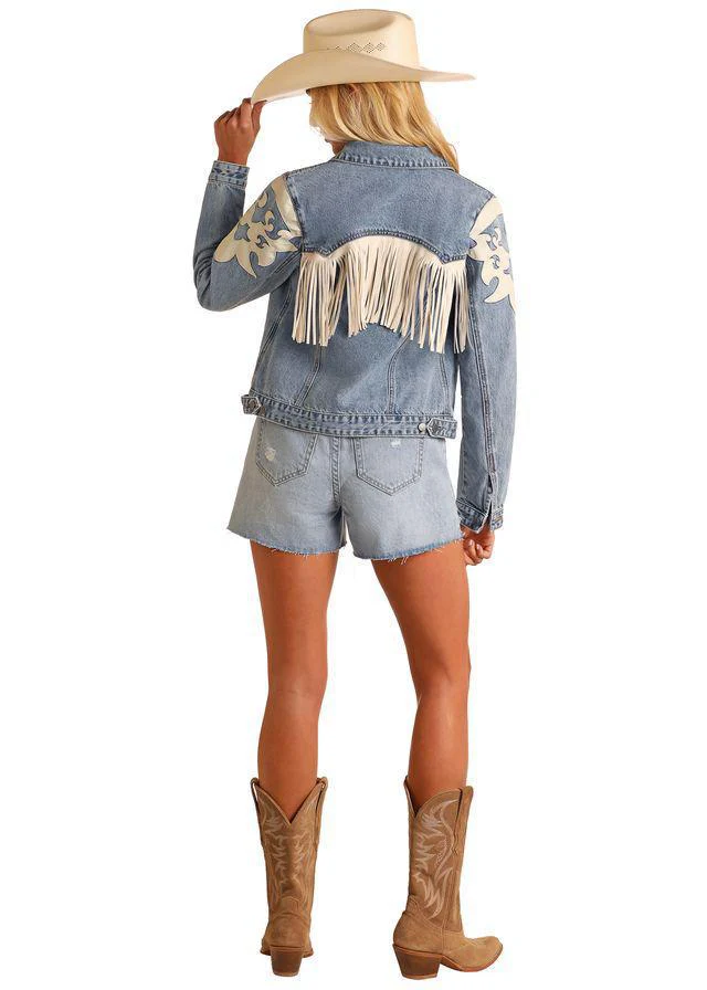 Rock&Roll Women's Light Wash Denim Ivory Pleather Fringe Jacket - Image 4
