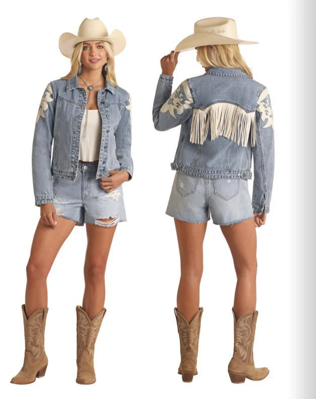 Rock&Roll Women's Light Wash Denim Ivory Pleather Fringe Jacket - Image 5