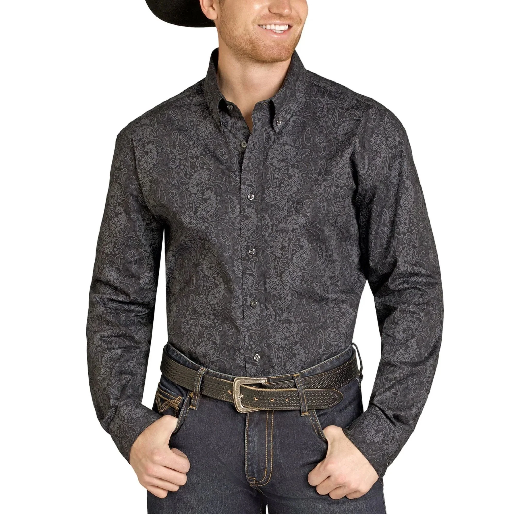 Rock & Roll Men's Black Paisley Print Modern Fit Button Long Sleeve Western Shirt