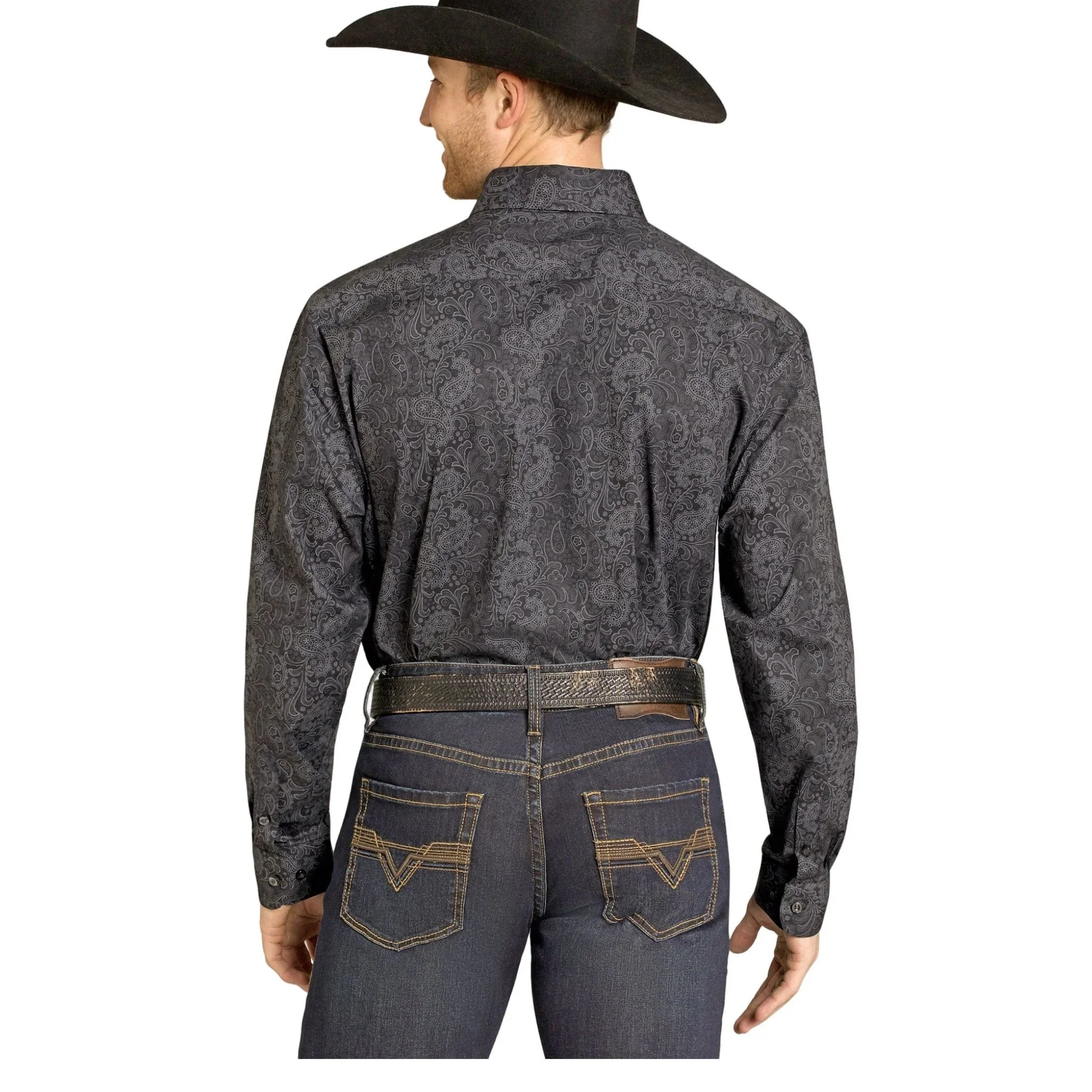 Rock & Roll Men's Black Paisley Print Modern Fit Button Long Sleeve Western Shirt - Image 2