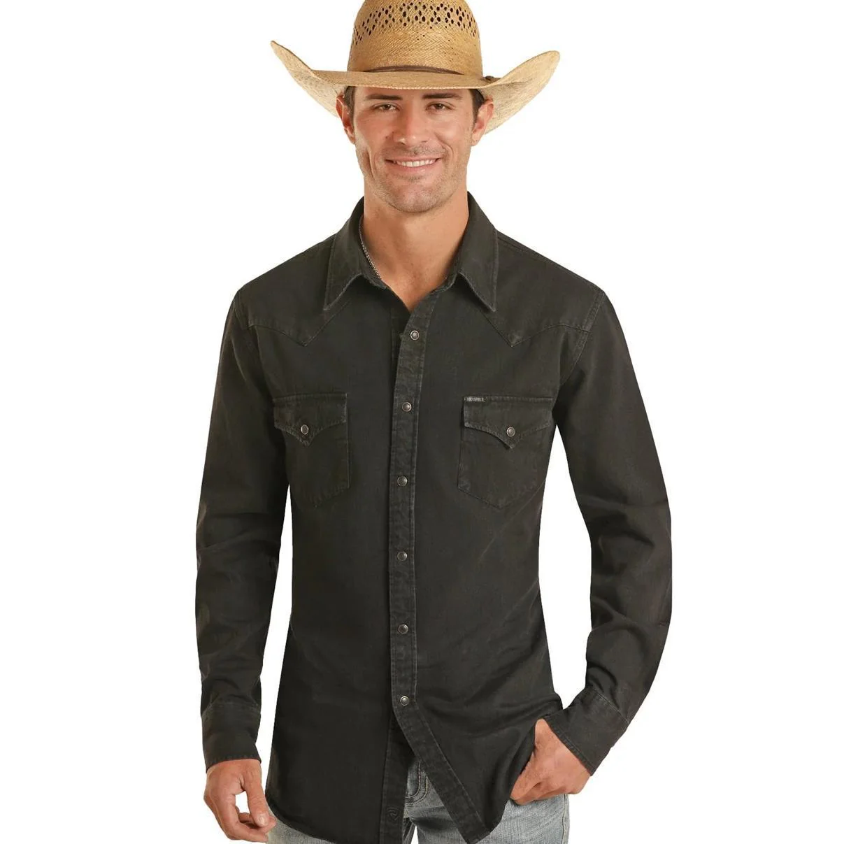 Rock & Roll Men's Cowboy Modern Fit Black Denim Solid Snap