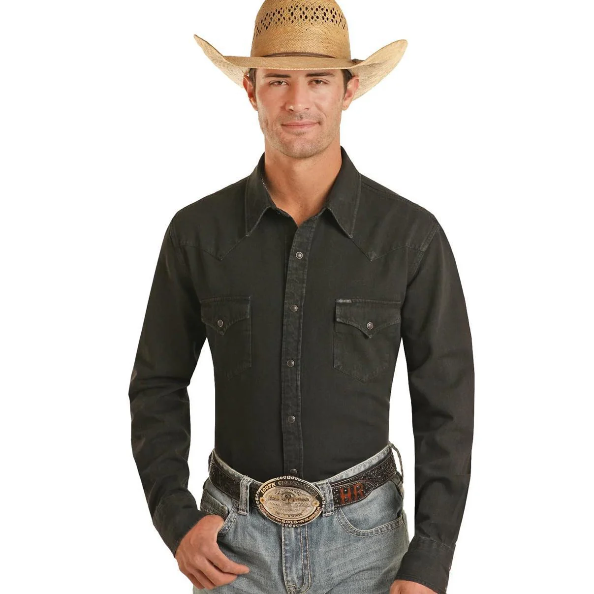 Rock & Roll Men's Cowboy Modern Fit Black Denim Solid Snap - Image 2