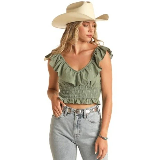 Rock & Roll Women’s Top Ruffle V-Neck Smocked Waist - Image 2