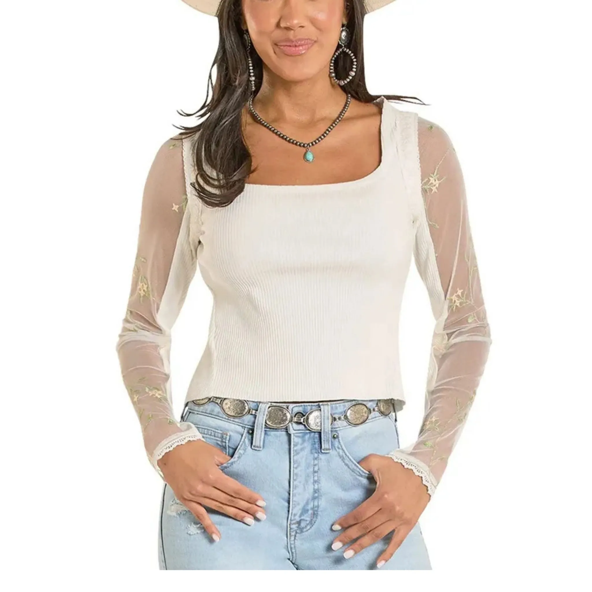Rock & Roll Womens Embroidered Lace Blouse White