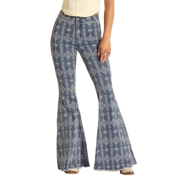 Rock & Roll Women’s Vertical Aztec Bell Bottom Jeans-CLEARANCE