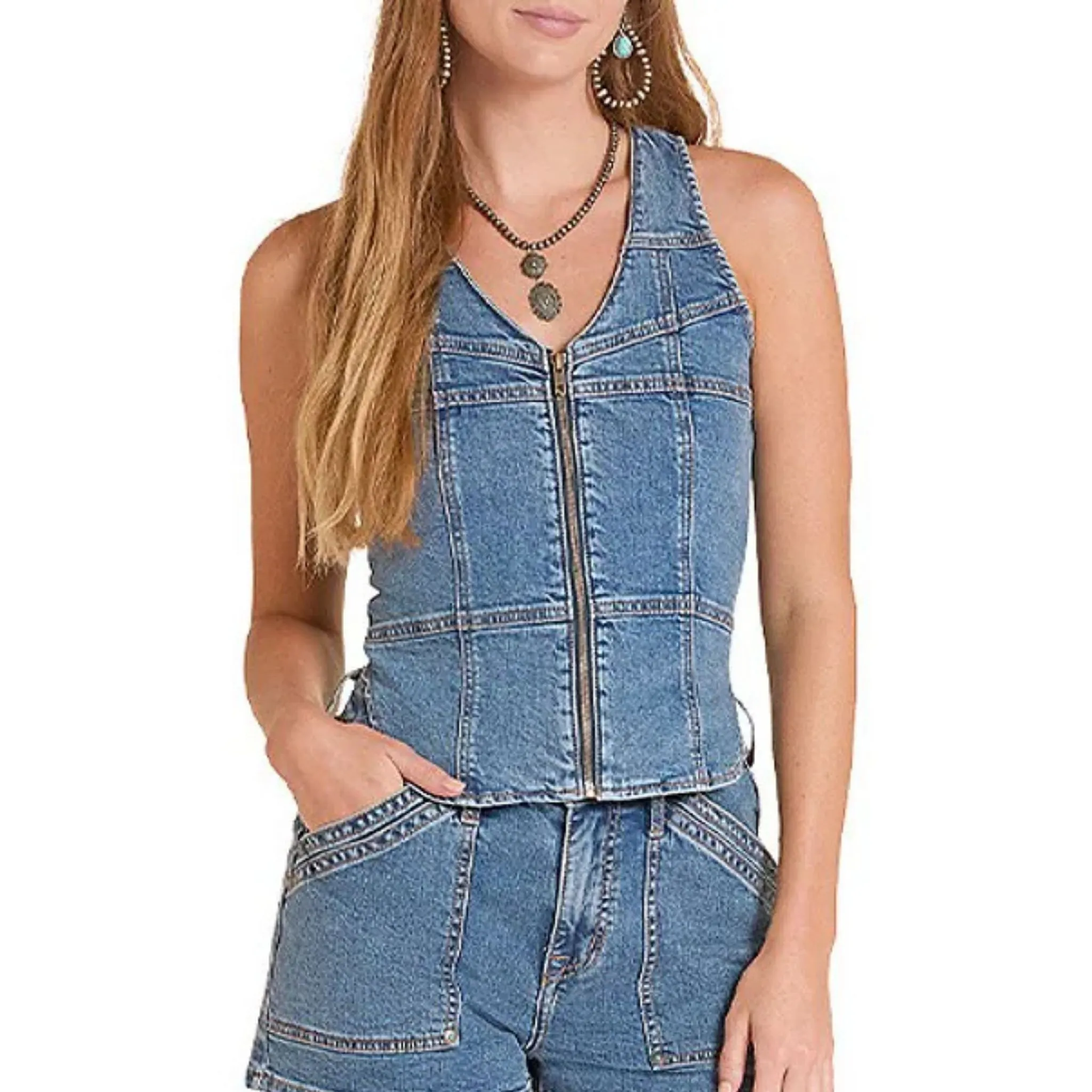 Rock & Roll Women's Seamed Denim Zip Up Vest