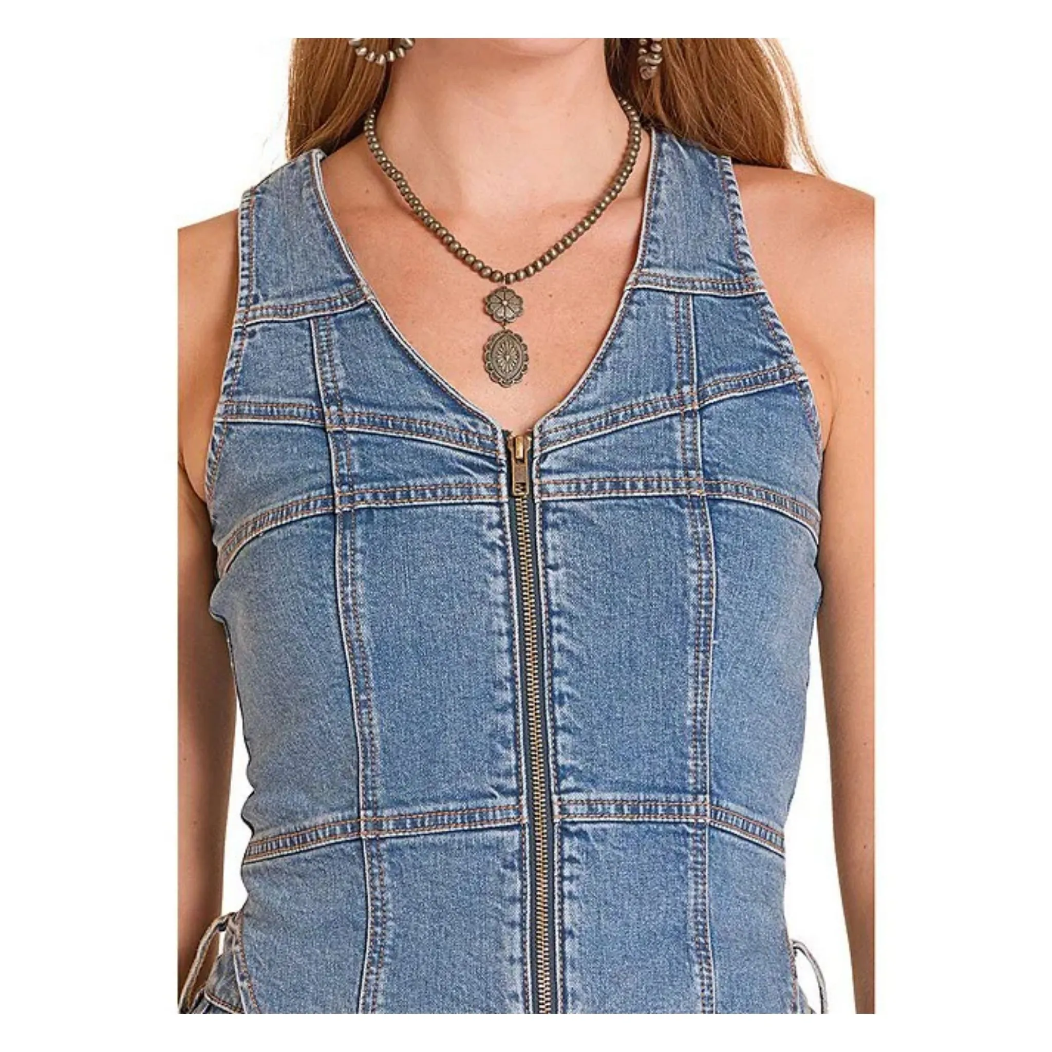 Rock & Roll Women's Seamed Denim Zip Up Vest - Image 3