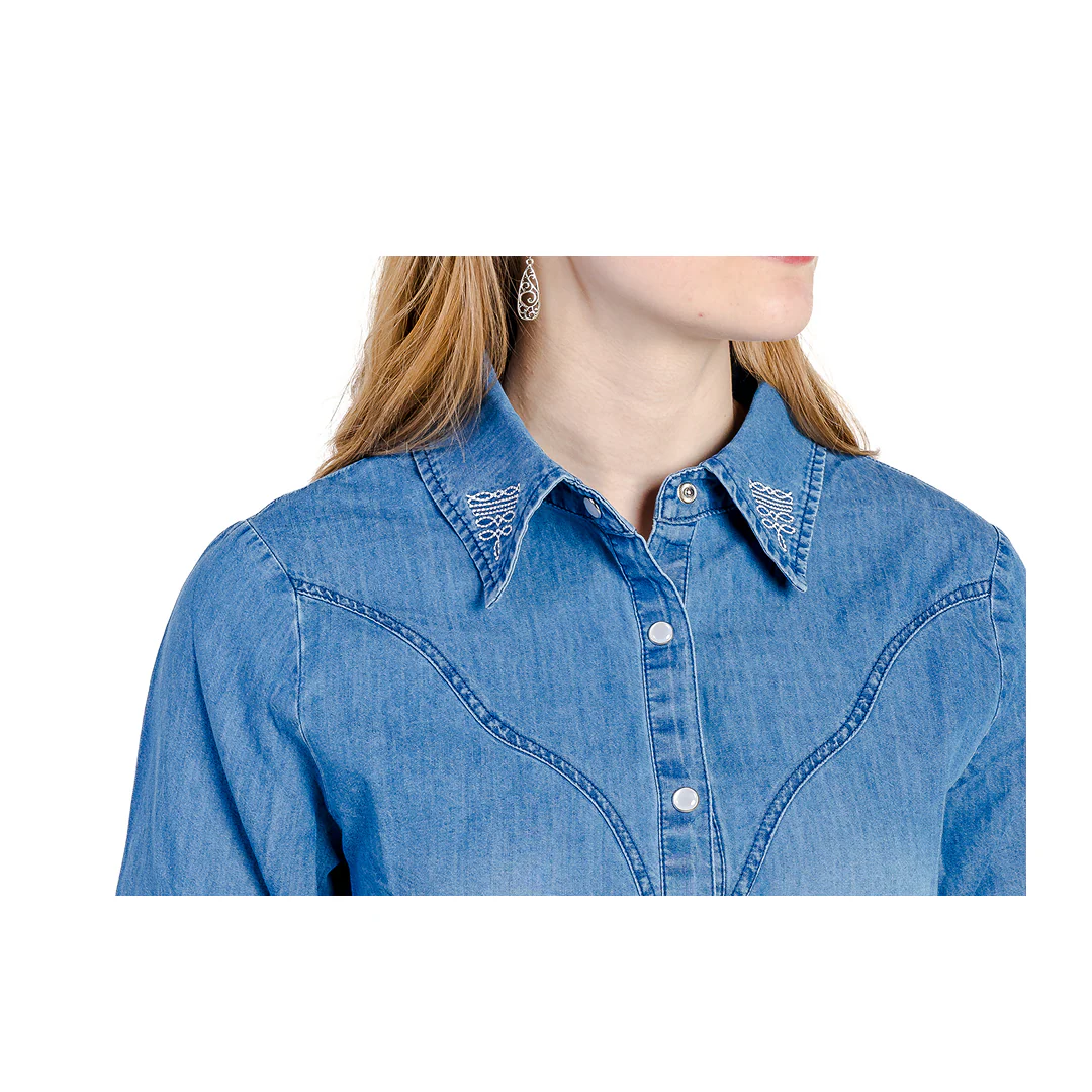 Rockin A Design Women's Boot Stitch Denim Pearl Snap Shirt - Image 3