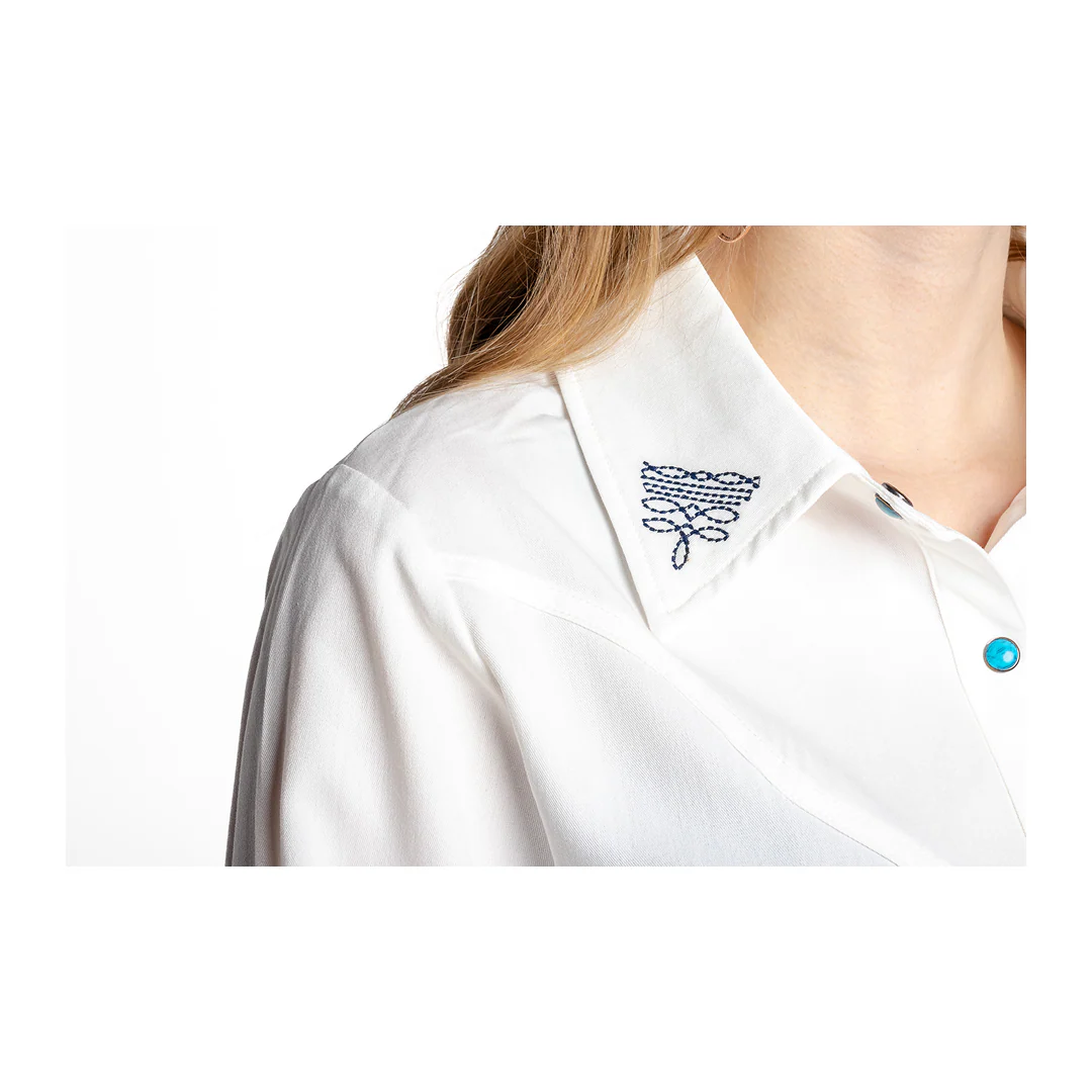 Rockin A Design Women's Boot Stitch Embroidered White Top With Turquoise Snaps - Image 3
