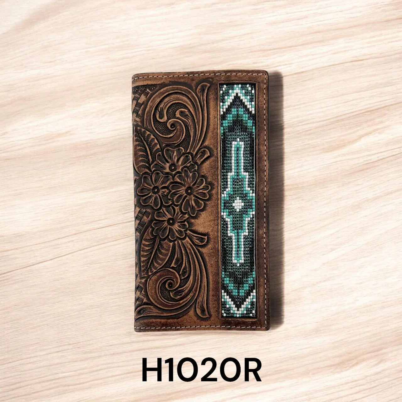 Rodeo Wallet Western Floral Carving Basket Tooling TT Finish Aztec Beads Green