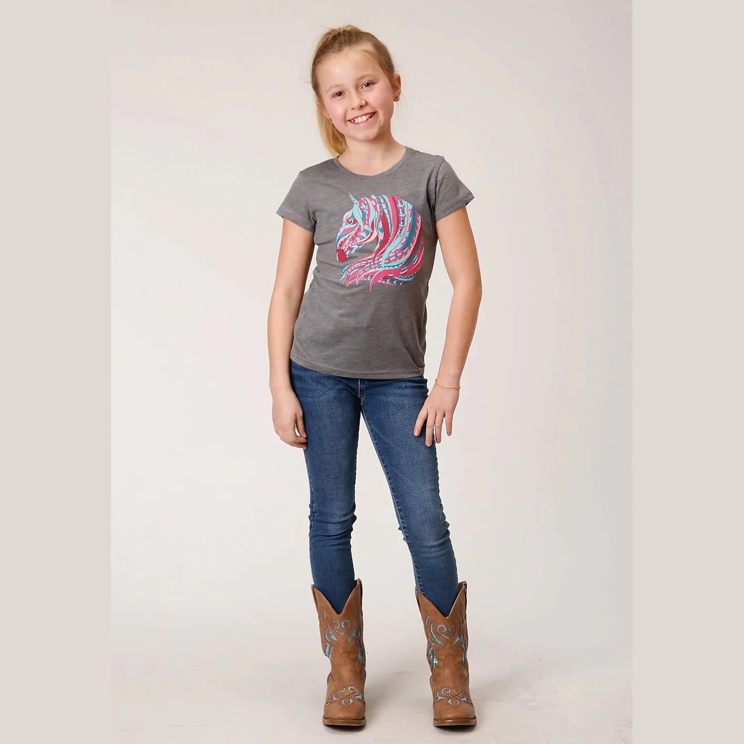Roper Girl's Grey Poly/Rayon Multi-Colour Horse Shirt- CLEARANCE