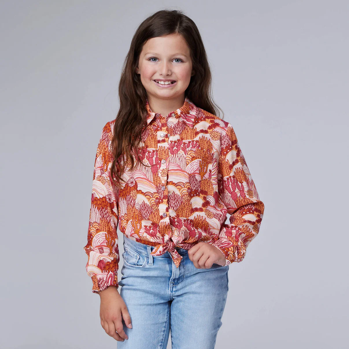 Roper Girl's Long Sleeve Cacti Print Snap Shirt
