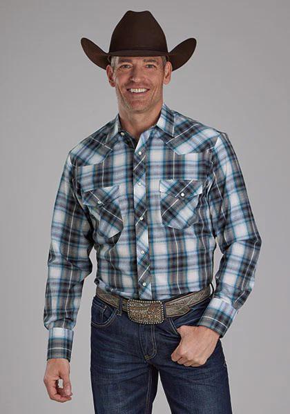 Roper Men's Western Snap Long Sleeve Shirt Navy/Teal/White