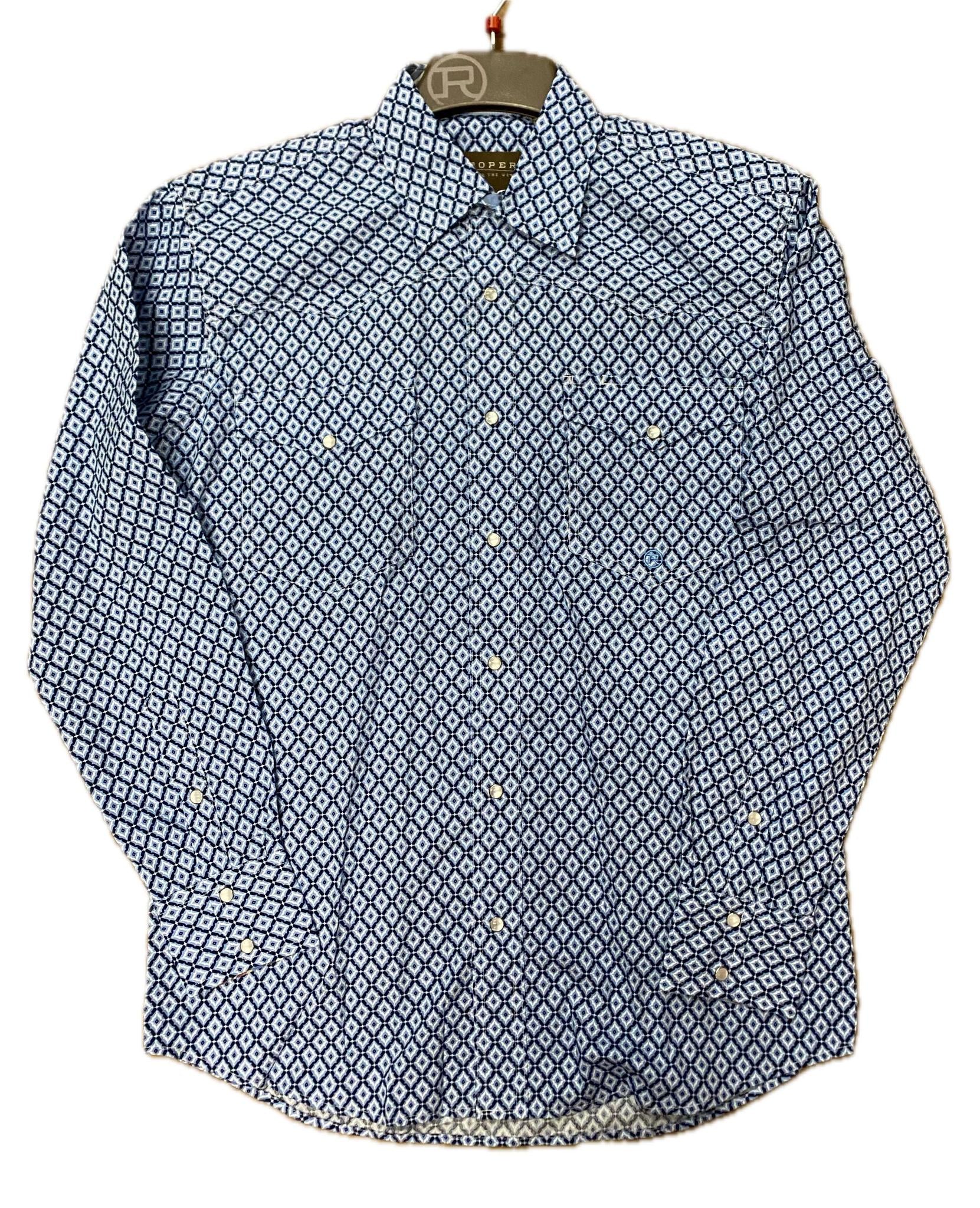 Roper Men's Geo Print Long Sleeve Snap Western Shirt In Blue