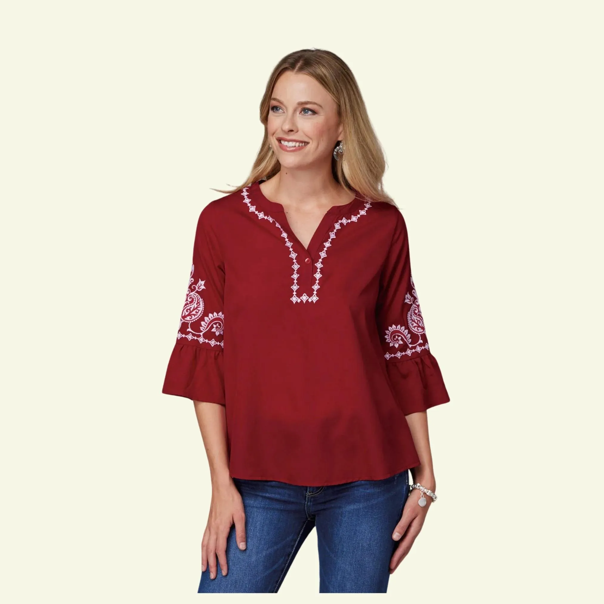 Roper Women's Bell Sleeve Top Red-CLEARANCE