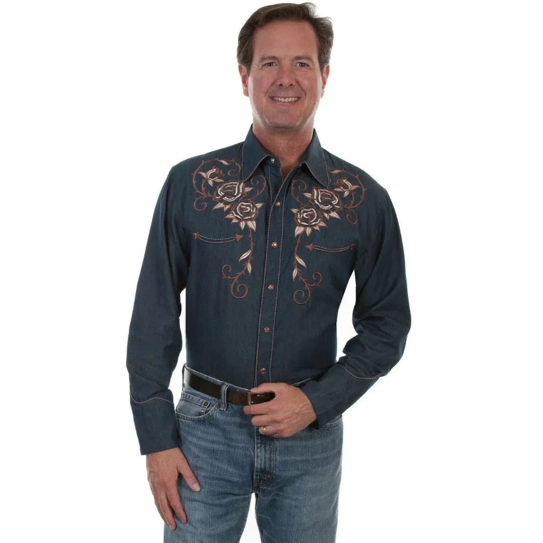 Scully Men's Poly/Rayon Roses Skull Long Sleeve Western Shirt