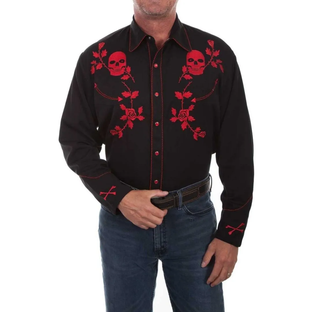 Scully Men's Shirt - Skull / Roses Embroidery - Black
