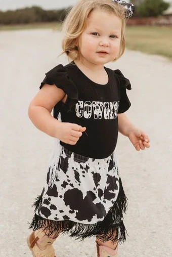 Shea Baby Girl Black Cowprint Fringe Onesie - Image 2