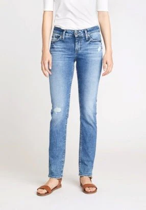 Silver Jeans Women's Elyse Mid Rise Curvy Fit Straight Leg Distressed - Clearance - Image 12