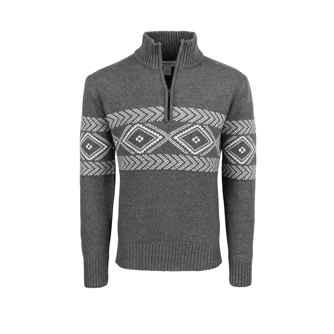 Stetson Mens 3/4 Zip Light Grey Horizonal Aztec Patterned Knit Sweater - Image 4