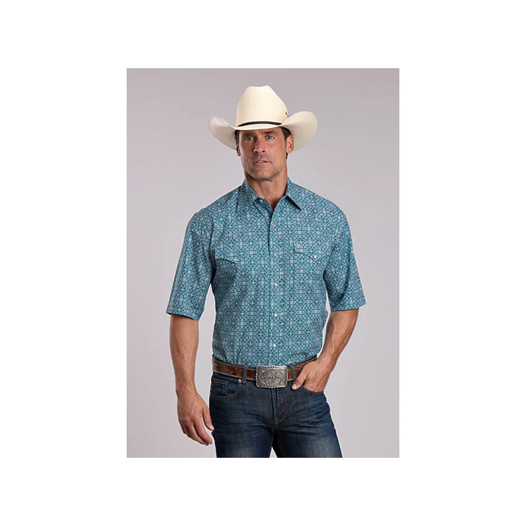 Stetson Men's Teal Filgree Print Snap Short Sleeve Western Shirt