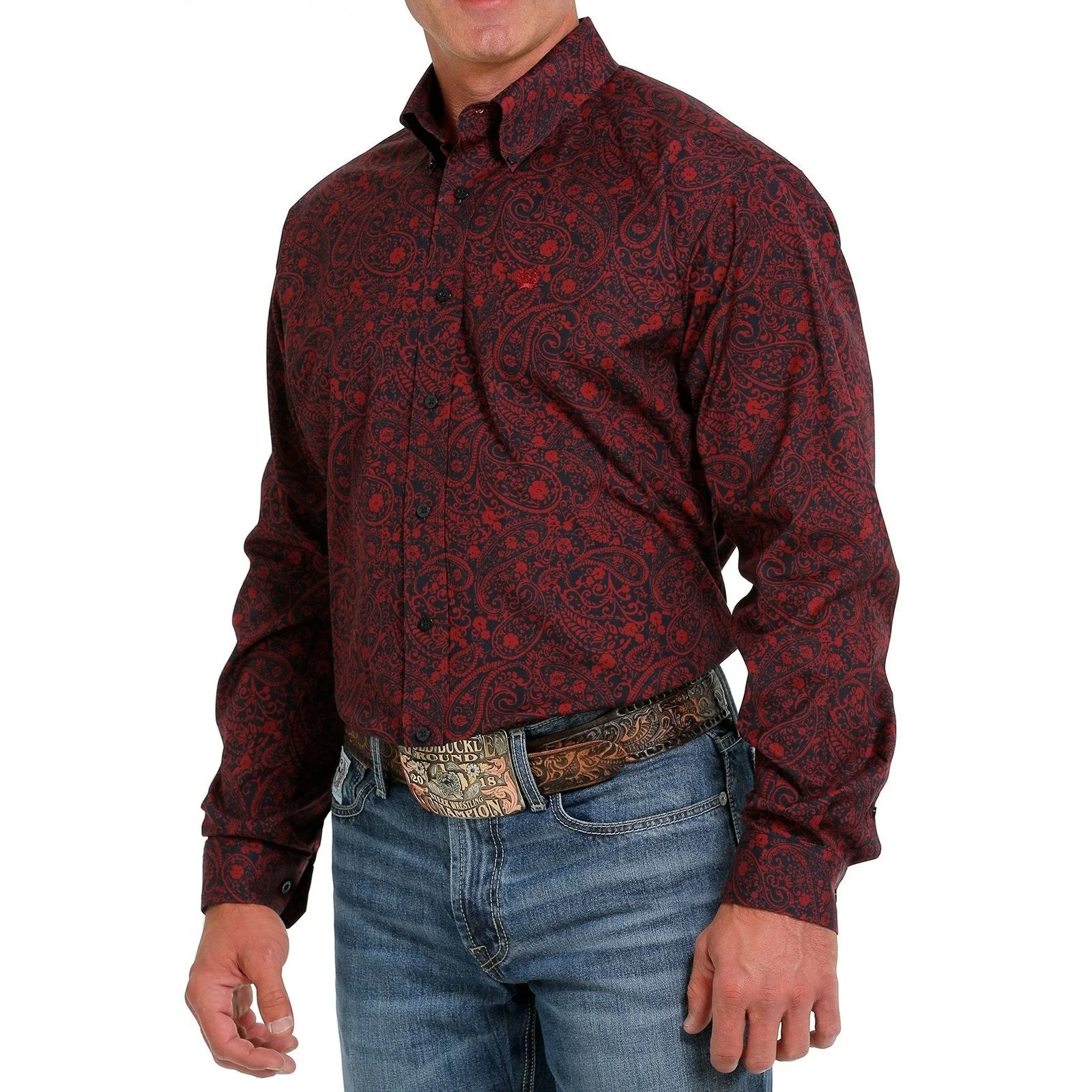 Cinch Men’s Western Shirt Red Paisley Button Down Navy/Red - Image 5