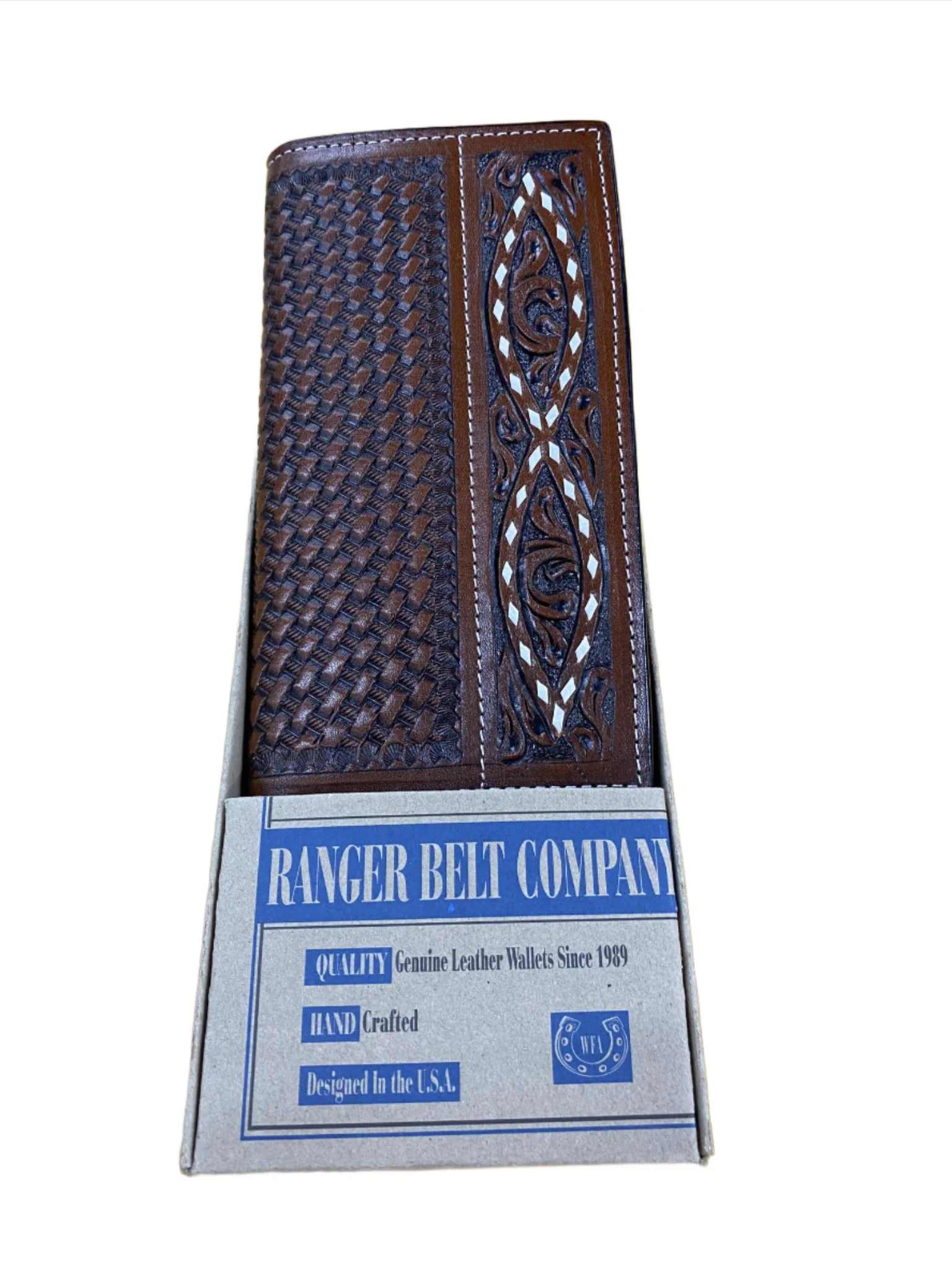 Western Fashion Accessories Men's Basket Weaved Tooled Leather Long Bifold Wallet