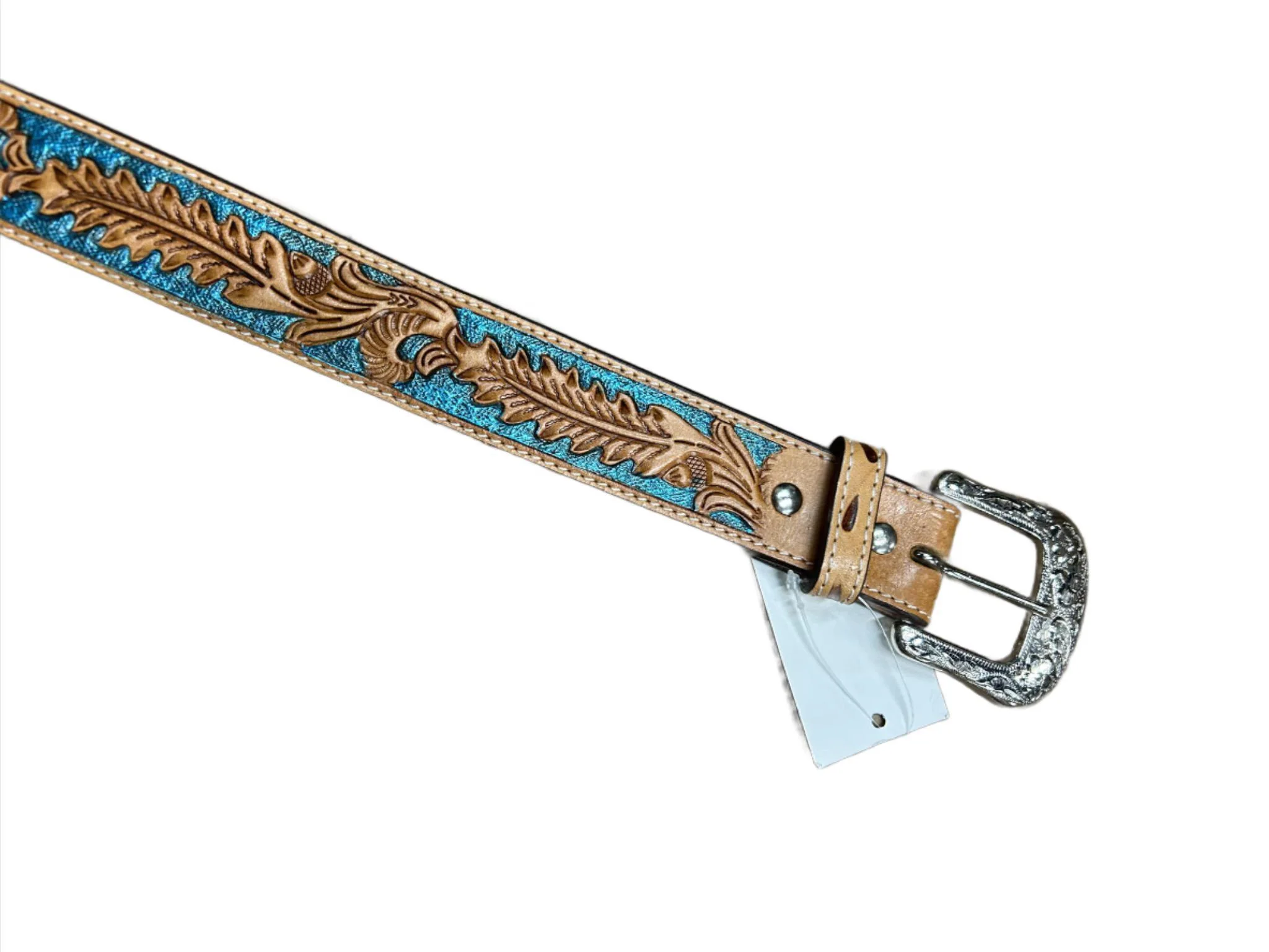 Western Fashion Accessories Twisted X Metallic Turquoise Tooled Leaf Leather Belt - Image 2