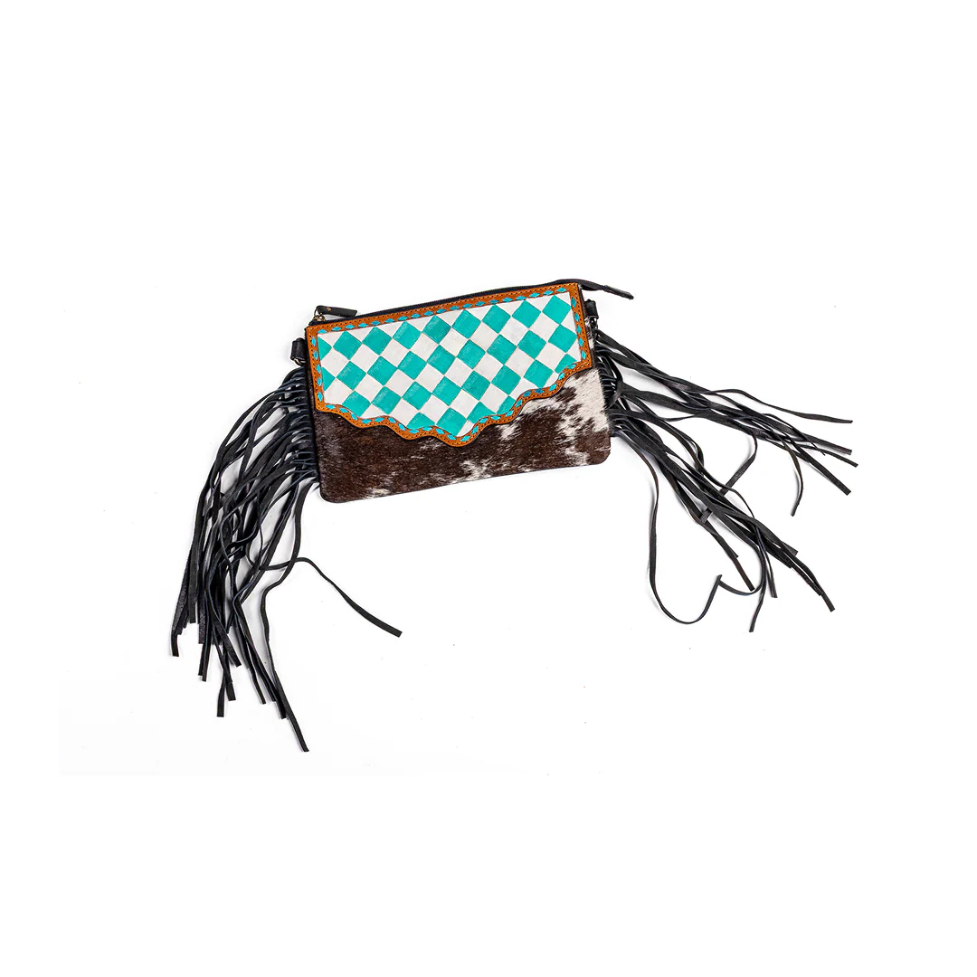 Western Linen Teal Tooled Leather With Cowhide Crossbody Purse