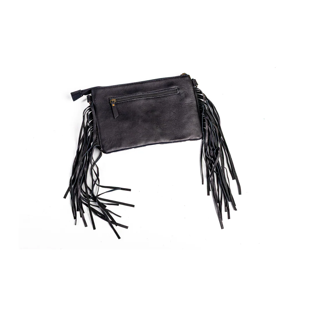 Western Linen Teal Tooled Leather With Cowhide Crossbody Purse - Image 2