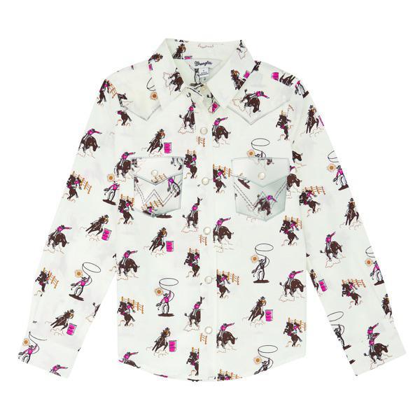 Wrangler Girl's Rodeo Cowboy Print Long Sleeve Snap Shirt-CLEARANCE