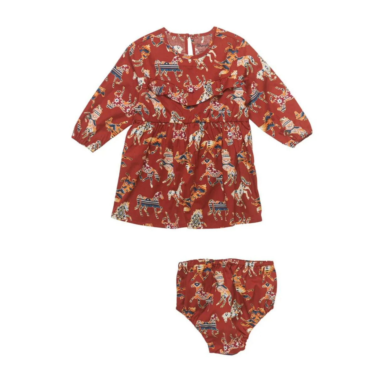 Wrangler Infant Girl's Dark Red-Orange Aztec Horse Print Long Sleeve Dress
