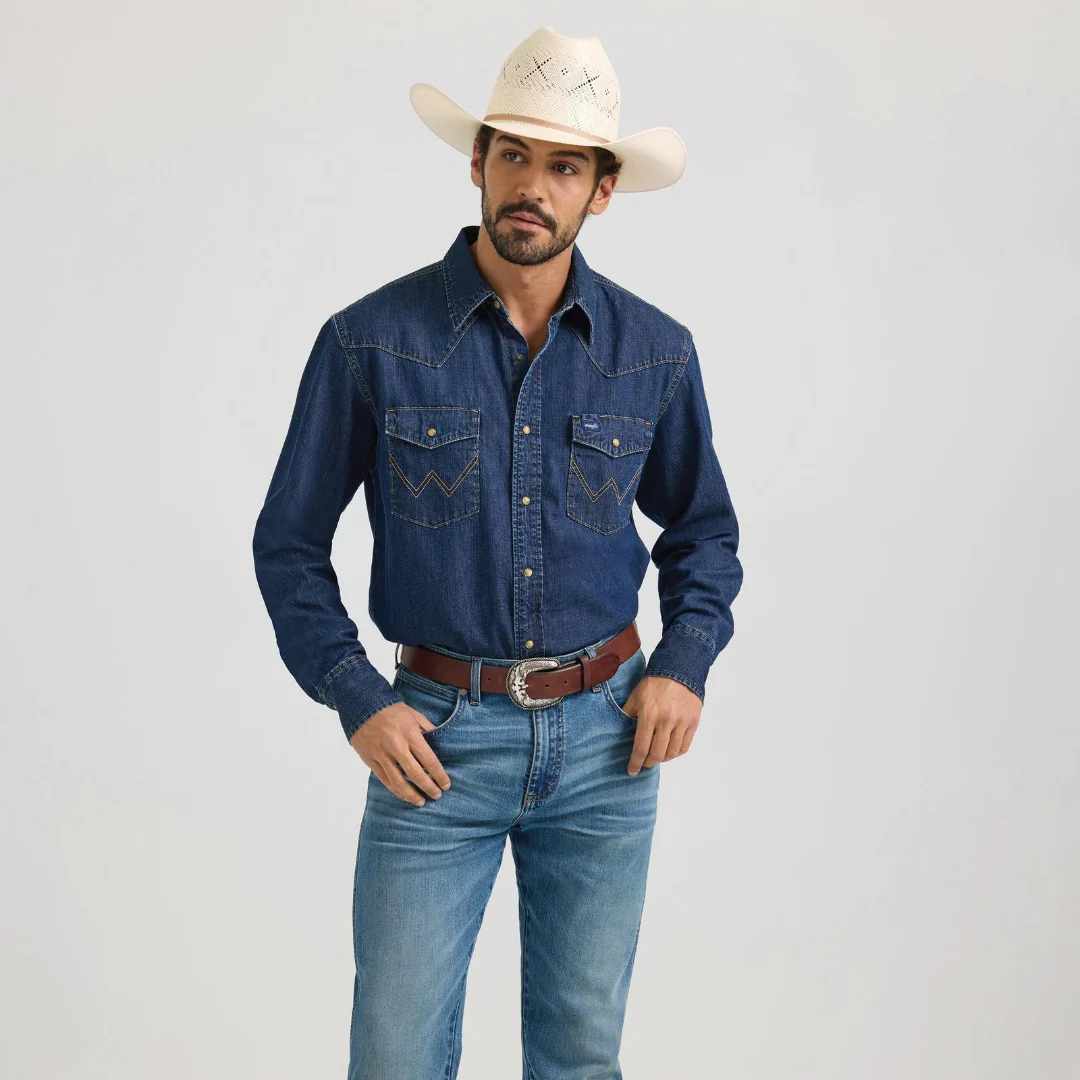 Wrangler Men's Denim Long Sleeve Button Up Dark Denim