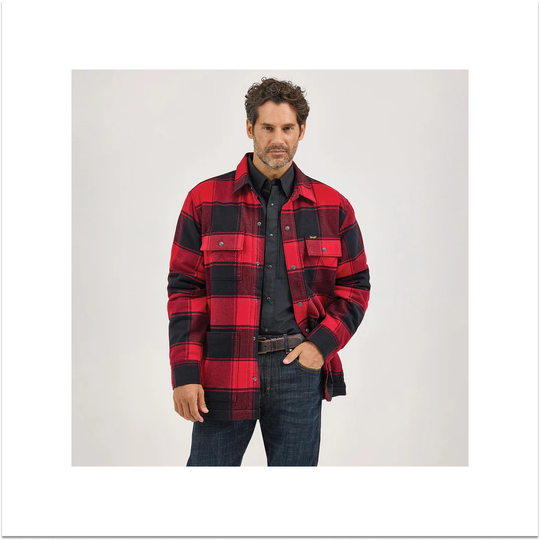 Wrangler Men's Flannel Shirt Jacket Sherpa Lined Red Buffalo
