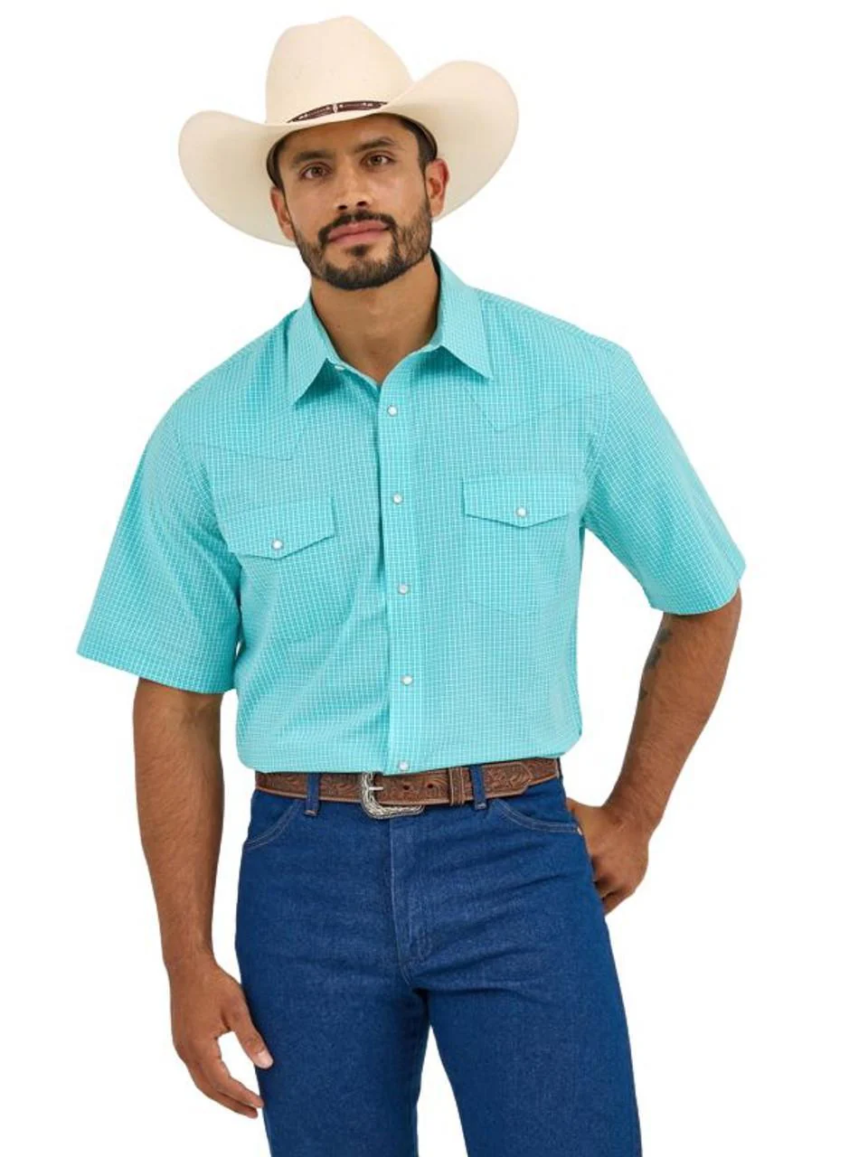Wrangler Mens Turquoise Classic Wrinkle Resist Short Sleeve Shirt