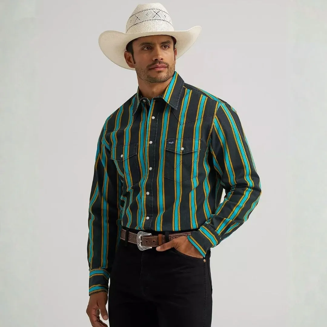 Wrangler Men's Vintage Inspired Brushpopper Black Multi Snap Shirt