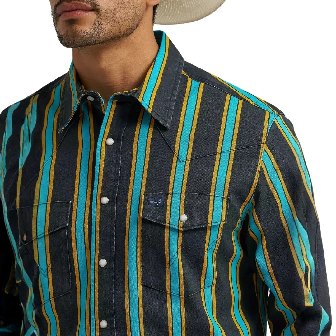 Wrangler Men's Vintage Inspired Brushpopper Black Multi Snap Shirt - Image 2