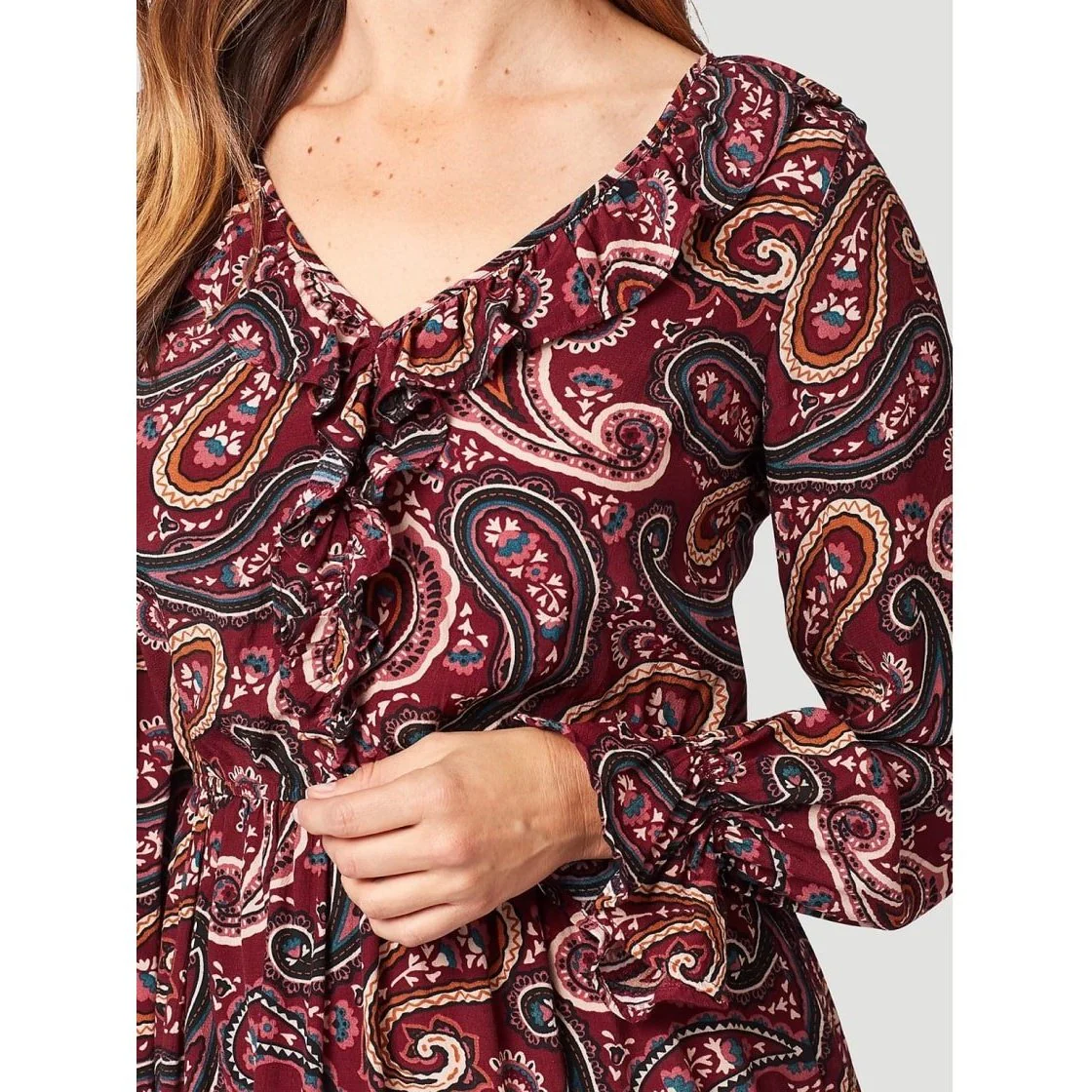 Wrangler Women’s Dress Retro Long Sleeve Ruffle V Neck - CLEARANCE - Image 3